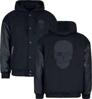 Produktbild von Black Premium by EMP Herren schwarze College Jacke in Woll-Optik mit Totenkopf-Stickerei L