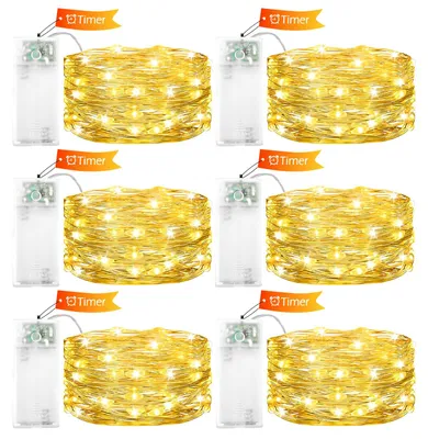 LED-Lichterkette 6er Set, 2 m, 20 warmweiße LEDs, Timer, Kupferdraht