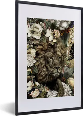 Produktbild von MuchoWow® MuchoWow® Gerahmtes Poster Löwe - Blumen - Farben 40x60 cm - Poster mit zchwarzem Bilderrahmen - Poster in Rahmen
