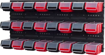 Produktbild von Set Wandregal Boxen 24 Stapelboxen schwarz rot