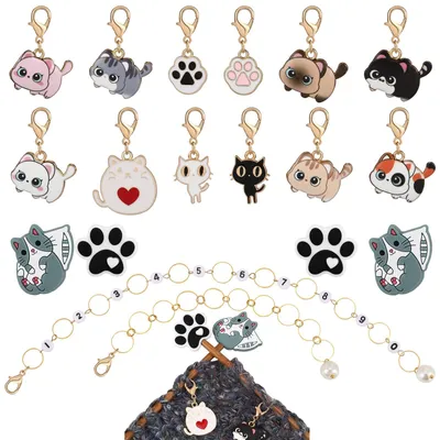 Produktbild von Strickwerkzeug-Set - 18-teilig mit Katzen-Maschenmarkierern, Strickreihenzählerketten und Silikon-Strickstoppern - für Strickprojekte