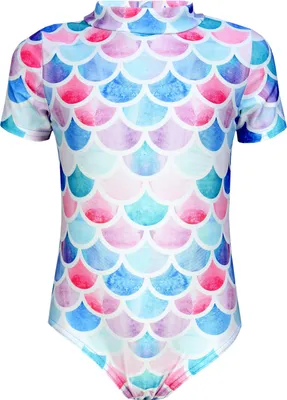 Produktbild von Aquarti Baby Mädchen Badeanzug Einteiliger Kurzarmbody UV-Schutz Schwimmanzug Body Swimmsuit, Farbe: Meerjungfrau Rosa / Himbeerrot, Größe: 86