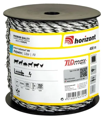 Immagine prodotto di horizont Filo per recinzioni da pascolo turbomax® W9 | 400 m | 9 conduttori Ø 0,25 mm turbomax® - La nostra serie premium per esigenze estreme e particolarmente elevate. Il materiale conduttivo turbomax offre una conduttività molto elevata ed è adatto per lunghezze estremamente estese