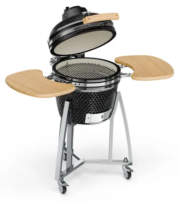 Zdjęcie produktu dla Klarstein Queensize Grill Kamado - do grillowania, wolnego gotowania, wędzenia lub pieczenia, Zdejmowane boki, Materiały: ceramika, stal nierdzewna, bambus, Termometr 0-450 °C, 3 kółka, czarny