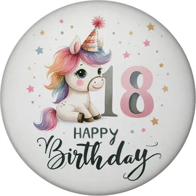 Produktbild von 18. Geburtstag mit niedlichem Pferd Magnet rund mit Spruch Happy Birthday 18
