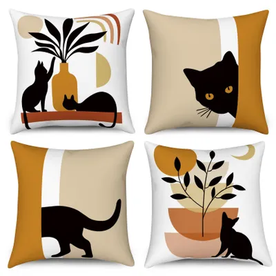 Kissenbezüge 50x50 cm, 4er-Set, abstraktes Katzenmotiv, Leinen