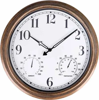 A wall clock with integrated thermometer and hygrometer.