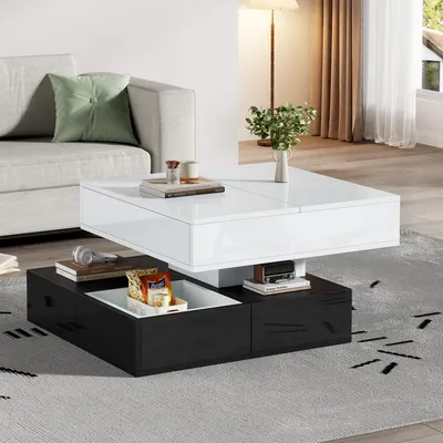 Image de MODFU Table Basse Moderne - Rotative 360° avec Rangement et Plateau Relevable, Compartiment Intégré en Panneau de Particules - 70x70x40/55 cm, Blanc+Noir