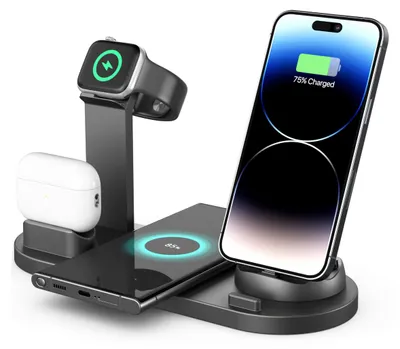 Produktbild von Wireless Charging Station 4-in-1, Für Smartphones Uhren Kopfhörer, Mit Schnellladefunktion Für Bis Zu Vier Geräte Gleichzeitig