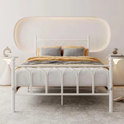 Immagine prodotto di MODFU Letto in metallo con testiera, 140 × 200, letto matrimoniale con design antiscivolo, materasso escluso, bianco