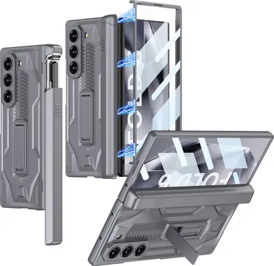 Immagine prodotto di Custodia per Samsung Galaxy Z Fold 6 con cerniera magnetica e protezione della lente, supporto e portapenne scorrevole grigio