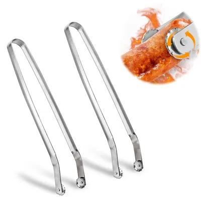 Produktbild von BBQ Grillzange Drehbar,Würstchen Wendezange 2er Set, Grillzange Edelstahl mit Rädchen, 38 cm Grillzangen, drehbar für Fleisch und Gemüse