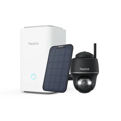 Produktbild von Reolink Argus PT+Solarpanel mit Home Hub, 2K+ 5MP Akku Überwachungskamera Set, 5/2,4 GHz, Smart-Erkennung, Farbnachtsicht, mit 64GB SD-Karte, Schwarz