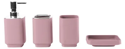Image de Ensemble de 4 accessoires de salle de bain en plastique, de couleur rose, comprenant : distributeur de savon, gobelet, porte-savon et support pour brosses à dents