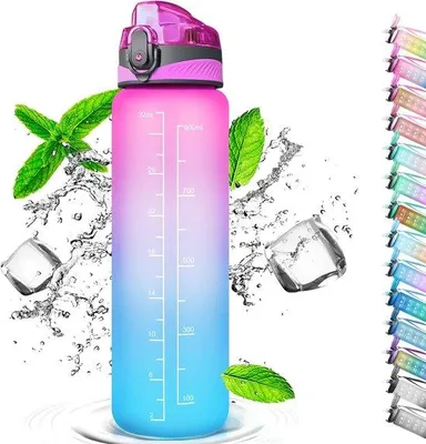 Produktbild von Famanu Wasserflasche 1 Liter mit Strohhalm und Zeitmarkierungen - Farbverlauf Rosa Blau