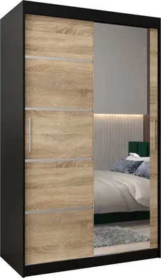 Produktbild von Kleiderschrank, Schiebetürenschrank Schlafzimmer, Schrank mit Spiegel VERONA 2 120 cm, Schwarz Matt + Sonoma Eiche