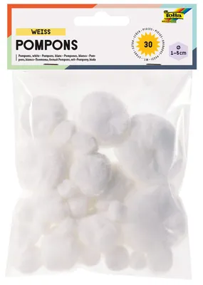 Pompons 30 Stück weiß, 5 Größen 10–50 mm, Bastelzubehör