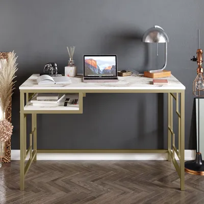 Image de Bureau d'ordinateur Decorotika Victory Structure métallique et effet marbre, hauteur 75 | Blanc crème, marron et doré