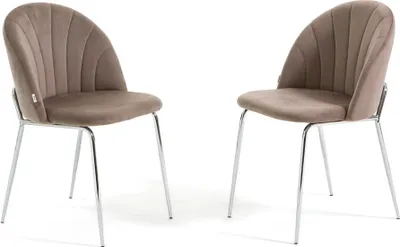 Image de Lot de 2 chaises de salle à manger en velours avec pieds en métal, rembourrées, design élégant pour cuisine, salle à manger, chambre, bureau ou restaurant SONIA - Taupe/Argent