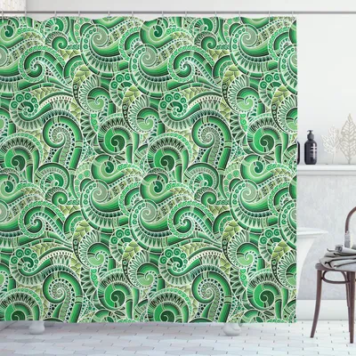 Produktbild von ABAKUHAUS asiatisch Duschvorhang, Klassisches Paisley Gekritzel Blumenillustration Retro Motiven Illustration, 175 x 220 cm, Grün Schwarz