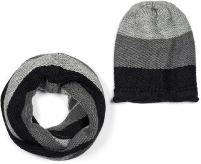 Produktbild von styleBREAKER Uni Strick Loop Schal und Mütze Set mit Streifen Muster, Strickschal mit Beanie Strickmütze, Winter 01018215