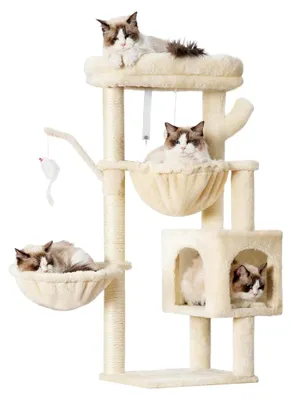 Produktbild von Katzenbaum, 100 cm hoher Kletterturm mit großer Plattform, Höhle, 2 Hängematten, Katzenspielzeug, Katzenmöbel, Aktivitätskratzbaum, Beige