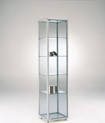 Produktbild von Vitrine C417 - 41,5 x 41,5 x 183,5 cm, auf Rollen / 5 Power-LEDs à 3,5 W / Alu silber, Holz lichtgrau