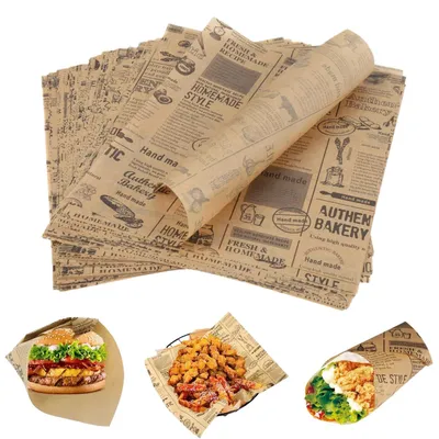 Produktbild von Backpapier in Zeitungsoptik - 100 Blatt fettdichtes Sandwich-Wrap-Papier - Für Burger, Pommes, Kuchen und Brot - 25 x 25 cm