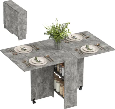 Image de HOMCOM Table pliante de cuisine salle à manger amovible sur roulettes 75L x 140l x 74H cm 2 étagères intégrées en bois coloris gris