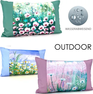 Produktbild von heimtexland ® Outdoorkissen Digitaldruck Blumen Lotus Effekt - Wasserabweisend Garten Deko Kissenhülle 30x50 Typ851 Grün