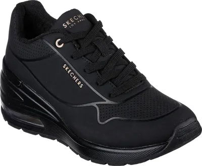 A black Skechers sneaker is shown from a side angle against a white background.