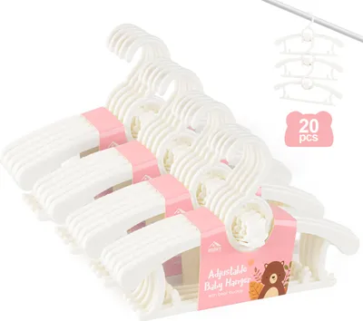 Produktbild von Homewit 20-teilig ausziehbare Kinderkleiderbügel mit Stapelbaren Bärchen-Haken, 29 cm bis 37 cm ausziehbare Babykleiderbügel, 100% aus neues Kunststoff Ideal für Baby und Kind, Weiß
