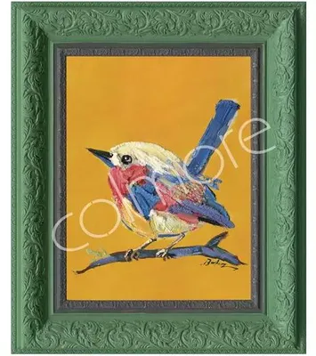 Image de Tableau peint à la main représentant un oiseau, avec un cadre vert, dimensions 51x61 cm