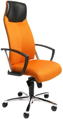 An orange and black office chair is shown against a white background.