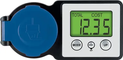 A close-up studio shot of an energy meter with a blue protective cover.