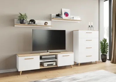 Zdjęcie produktu dla Meblościanka Fiord dąb artisan - biała, styl skandynawski, meble do salonu, zestaw mebli, komplet, komoda, rtv, półki, nowoczesne meble do salonu