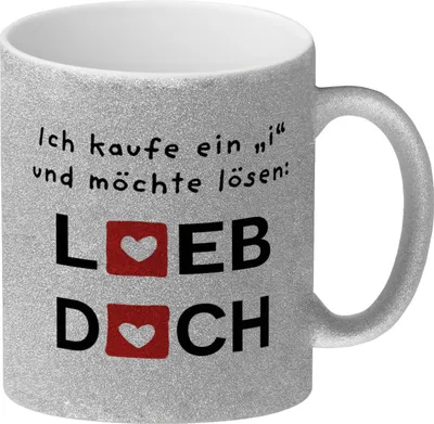Produktbild von Lieb dich Glitzer-Kaffeebecher mit lustigem Spruch und Herzen
