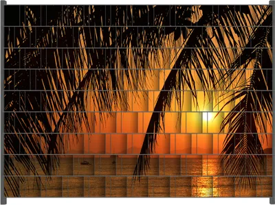 Produktbild von Wallario Zaunsichtschutz mit Motiv Sonnenuntergang unter Palmenblättern für Ein- und Doppelstabmatten Zäune in der Größe 250 x 180 cm