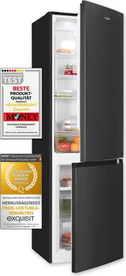 A black refrigerator-freezer combination with its doors open, displaying its interior shelves and compartments. Two award badges are placed to the left of the appliance.