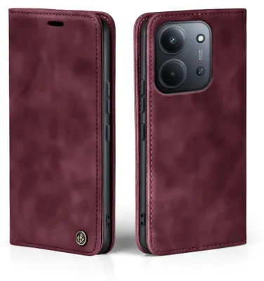A burgundy flip case for a smartphone is shown from two angles, open and closed.