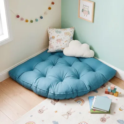 Produktbild von Eck-Bodenkissen 100x100cm Kinder Spielmatte Bodenkissen, Weiches Rutschfestes Kindermatte, Kissen für das Spielzimmer – Lesen/Yoga/Meditation,Blau