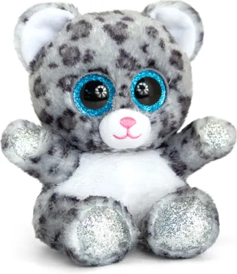 A stuffed toy snow leopard sitting down.