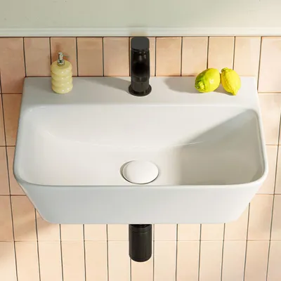 Produktbild von HOROW Keramik Waschbecken Aufsatzwaschbecken fürs Badezimmer Hängewaschbecken Bad Eckig Waschtisch 41x31 cm mit Hahnloch