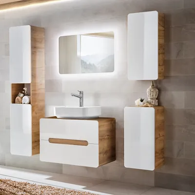 Produktbild von Badezimmer Set mit Keramik-Waschtisch LUTON-56 Hochglanz weiß mit Wotan Eiche Nb. B/H/T ca. 180/200/46 cm