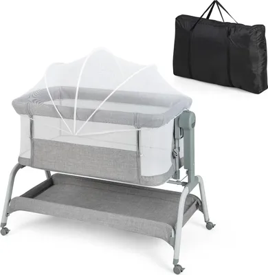 Produktbild von GOPLUS 3 in 1 Baby Beistellbett, Höhenverstellbares Babybett mit Matratze & Moskitonetz & Korb, Neigbares Kinderbett mit Faltbarer Seitenwand, Mobiles Reisebett mit Tragetasche (Grau)