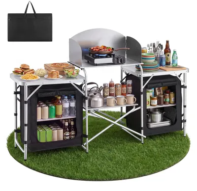 Image de Cuisine de camping - Armoire de camping avec plaque de cuisson - Pliable - 2 petites tables latérales en MDF - Pare-vent amovible - 2 compartiments de rangement fermés - Structure légère en aluminium