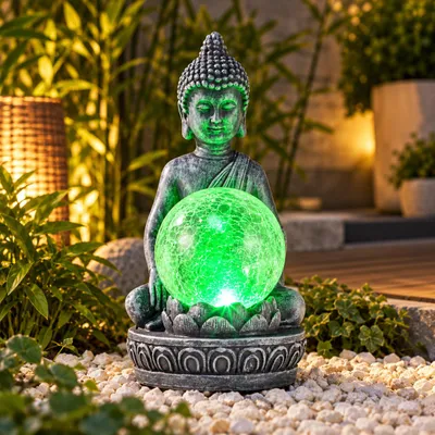 Produktbild von LED Solar Buddha Figur mit RGB Farbwechsel und Glaskugel 19,5 cm