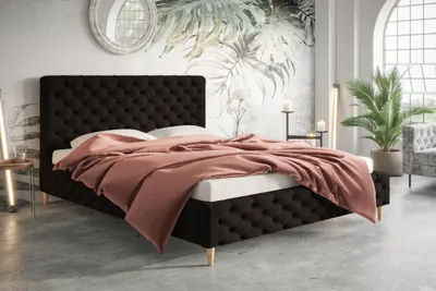 Obrázek produktu pro Čalouněná postel 160x200 cm Felix - design Glamour Chesterfield, manželská postel s roštovým rámem a čelem, sametová látka (černá - Amor Velvet 4322)