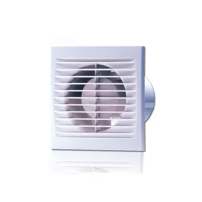 A white ventilation fan with horizontal slats on a white background.