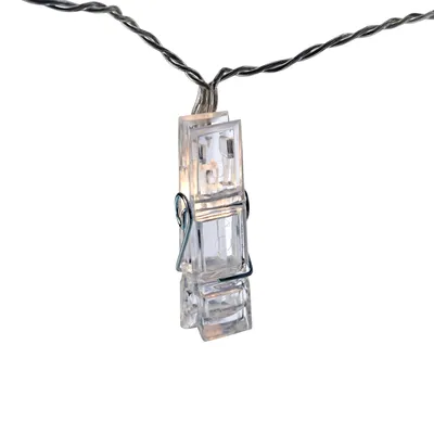 A single clear LED light clip on a string of lights against a white background.